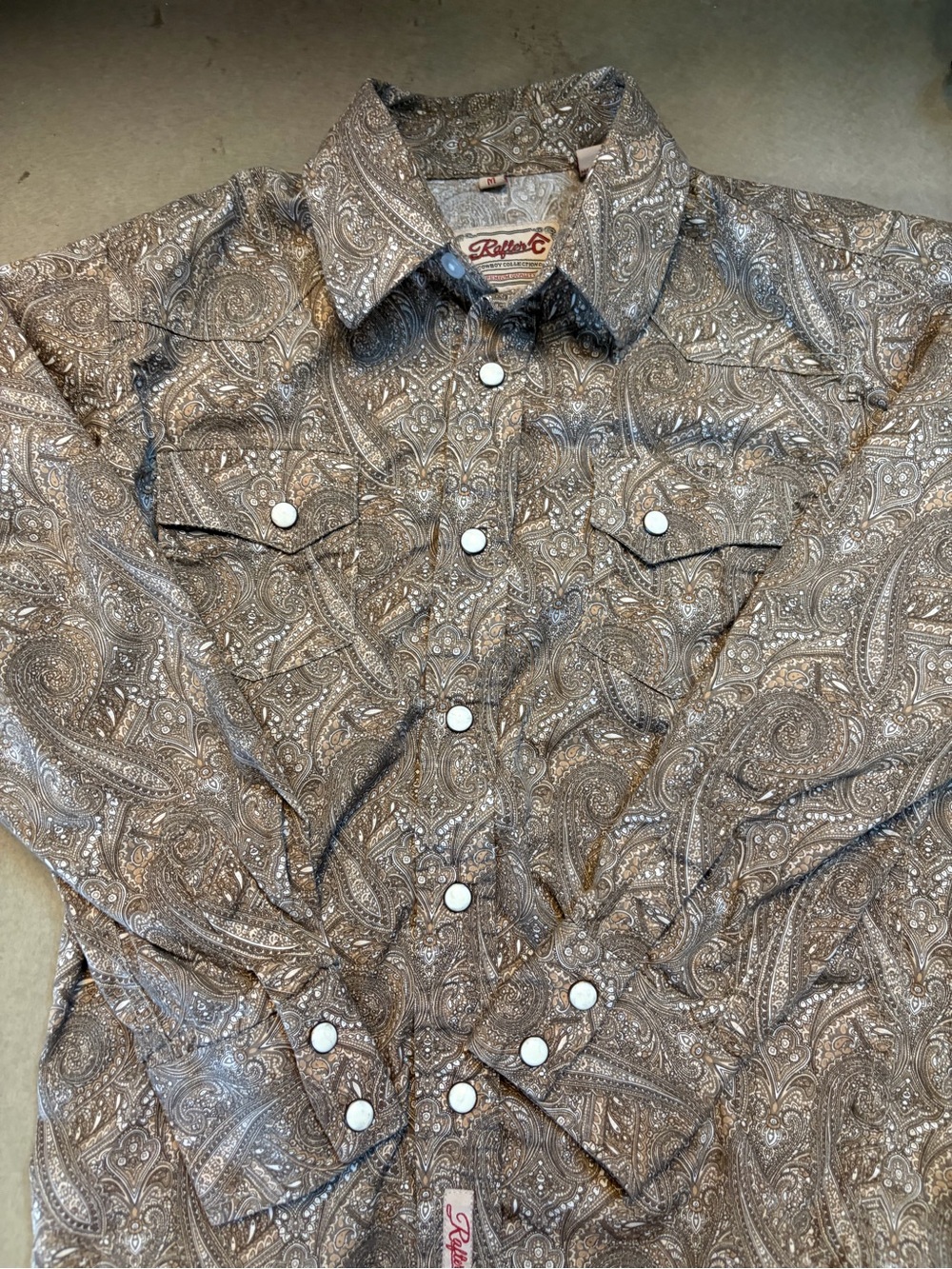 Rafter C boys cowboy western pearl snap brown paisley shirt size M